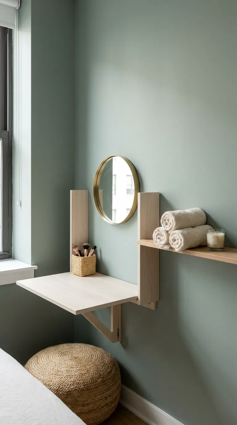 Editorial photograph of a compact apartment bedroom corner, showcasing a slim fold-down wall-mounted vanity/desk in pale ash wood, currently open with a small woven basket and a single brass-framed mirror above it. Beside it, a narrow floating shelf holds three neatly rolled cream towels and a small unscented soy candle. The wall is painted soft dusty sage, and a compact floor cushion sits tucked beneath the vanity when not in use. Soft window light from the left, airy and uncluttered feel despite the small footprint, realistic apartment-scale proportions, no people, no text.