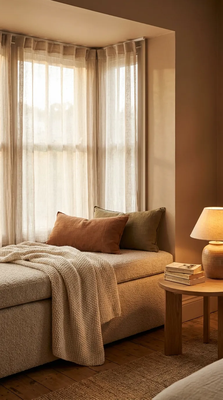 Editorial photograph of a cozy reading nook built into a bedroom window alcove, featuring a deep-cushioned bench seat upholstered in warm oatmeal bouclé, layered with a chunky knit blanket and two linen lumbar pillows. A small round wooden side table holds a stack of paperback books and a warm-glow ceramic reading lamp — notably no phone, tablet, or TV in view. Sheer linen curtains softly diffuse late afternoon light. The adjacent wall is painted a muted clay tone. Warm, quiet, analog atmosphere, high-end editorial styling, no people, no text.