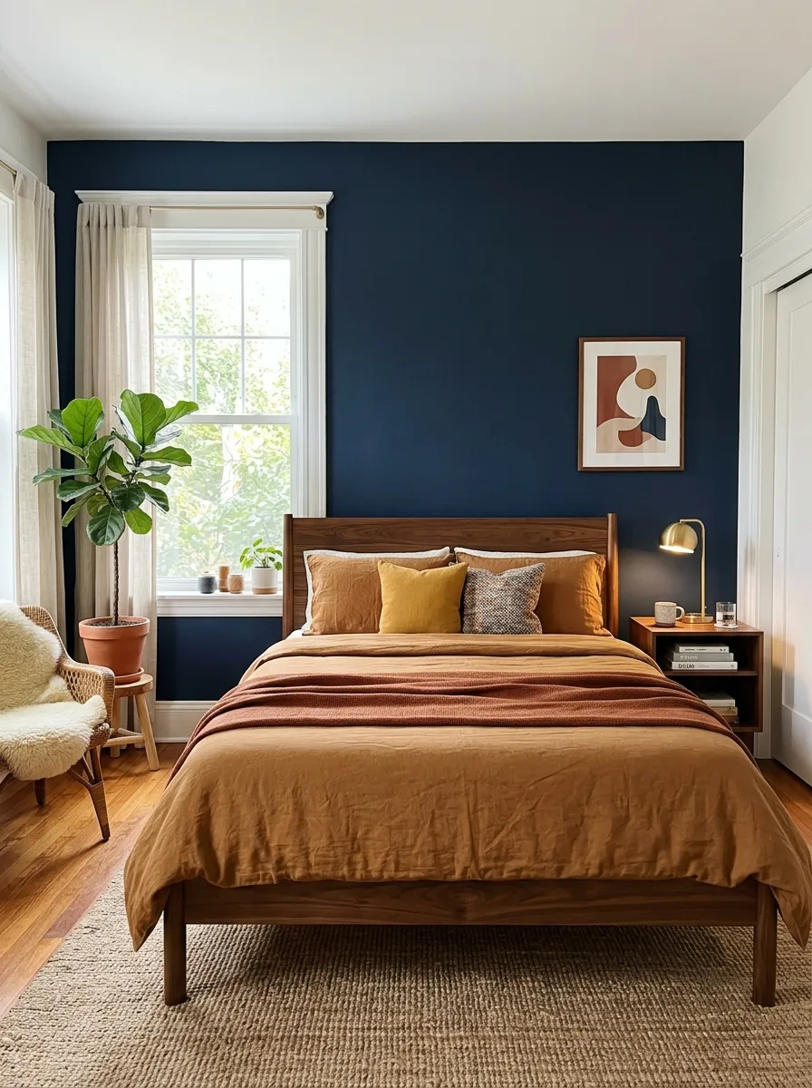 A real-life photo of a bedroom with one deep navy blue accent wall behind a walnut wood bed frame, neatly made bed with caramel linen bedding, organized and clean styling, bright natural light from a nearby window, vibrant warm tones, candid interior photography style, no text.