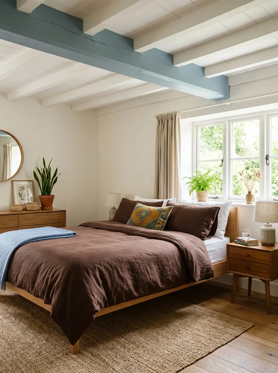 A real-life photo of a bedroom with an exposed wood ceiling beam painted soft muted blue, chocolate brown bedding on a neatly made bed below, jute rug on the floor, organized and clean styling, bright natural light, vibrant color accent, real architectural photography, no text.