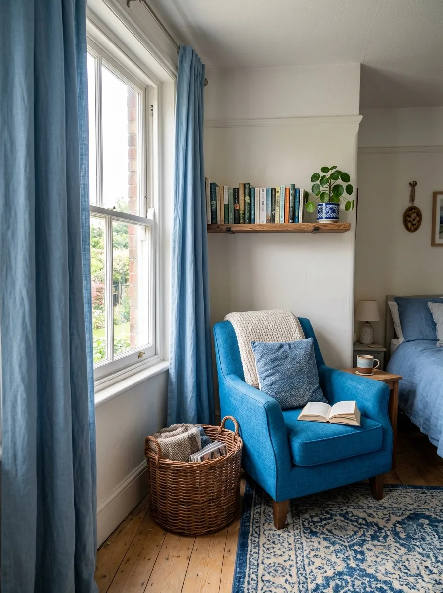 A real-life photo of a cozy reading corner in a bedroom with soft blue linen curtains, a floating wood shelf with books and a small plant, a woven brown basket underneath, neatly organized, bright natural light, vibrant blue tones, real home photography, no text.
