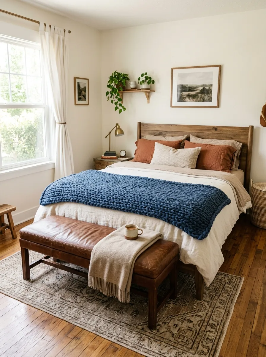 A real-life photo of a bedroom with a brown leather bench at the foot of a neatly made bed, a chunky blue knit throw and linen pillowcases beautifully arranged on top, organized and clean styling, bright natural light, vibrant warm tones, cozy real home photography, no text.