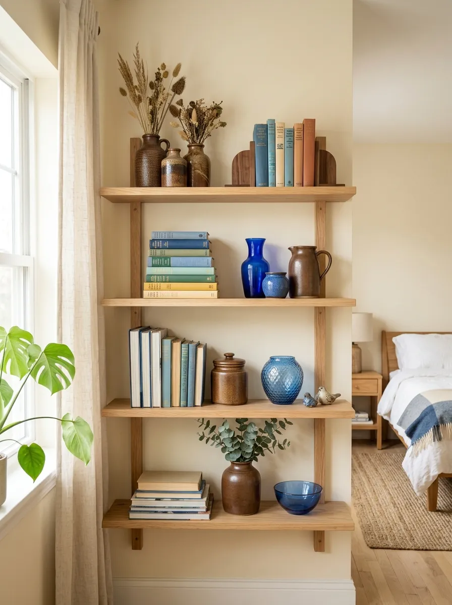A real-life photo of open wood shelving in a bedroom styled with brown stoneware vases, wood bookends, stacked books, and blue glass pottery pieces, neatly arranged and organized, bright natural light, vibrant color accents, real interior photography, no text.