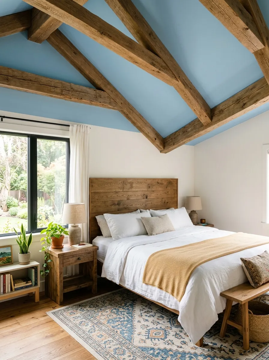 A real-life photo of a bedroom with a soft sky blue painted ceiling, exposed warm wood beams, a wood-paneled headboard below, neatly made bed, clean and organized room, bright natural light, vibrant color contrast, real architectural photography style, no text.
