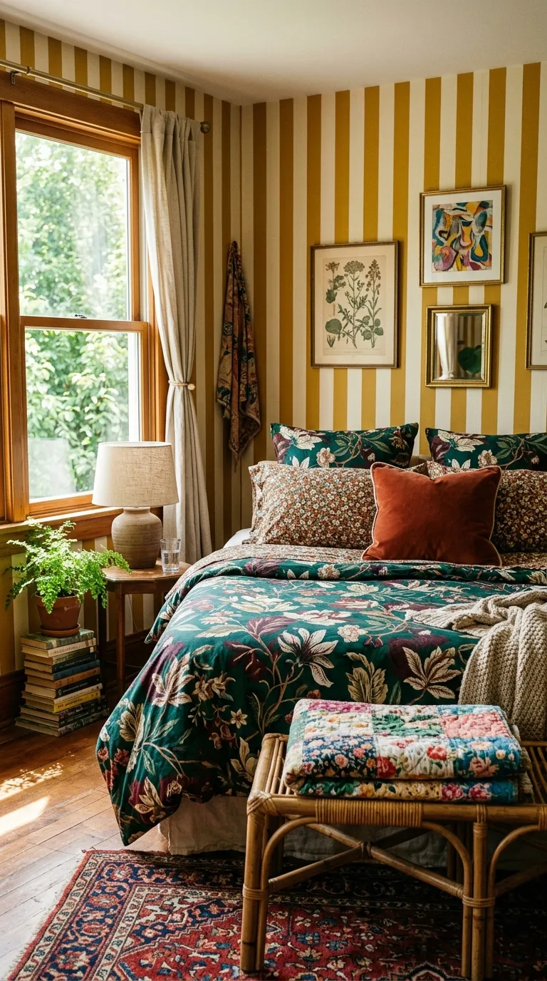 Editorial photograph of a maximalist bedroom corner shot at eye level with natural window light streaming in from the left. A queen bed dressed in a large-scale botanical floral duvet in deep emerald and burgundy tones sits against a wall papered in bold vertical stripes in mustard and cream. Throw pillows in a smaller ditsy floral print and a solid rust velvet pillow add contrast without matching. A rattan bench sits at the foot of the bed holding a folded quilt. Warm afternoon light, soft shadows, shot on 35mm film aesthetic, shallow depth of field, no people, no text.