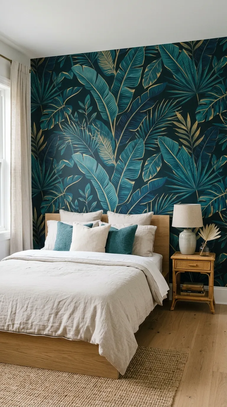 Editorial photograph of a rental-friendly bedroom accent wall covered in a bold peel-and-stick wallpaper featuring a large-scale tropical leaf print in deep teal and gold. A simple platform bed with neutral linen bedding sits below, allowing the wallpaper to be the visual focus. A small thrifted rattan side table holds a ceramic lamp. Bright, even daylight, clean modern editorial photography style, shot straight-on, no people, no text.