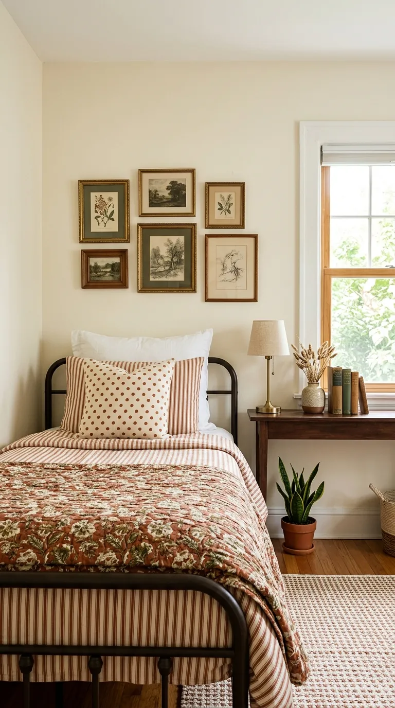 Editorial photograph of a compact bedroom proving pattern mixing works in tight spaces, featuring a twin bed dressed in striped sheets, a floral quilt, and a single polka-dot accent pillow, all in a cohesive rust and cream color story to avoid visual clutter. A small gallery of thrifted frames hangs above a narrow console table doubling as a nightstand. Bright natural light from a nearby window, tight but airy composition, shot straight-on to emphasize smart use of limited space, no people, no text.