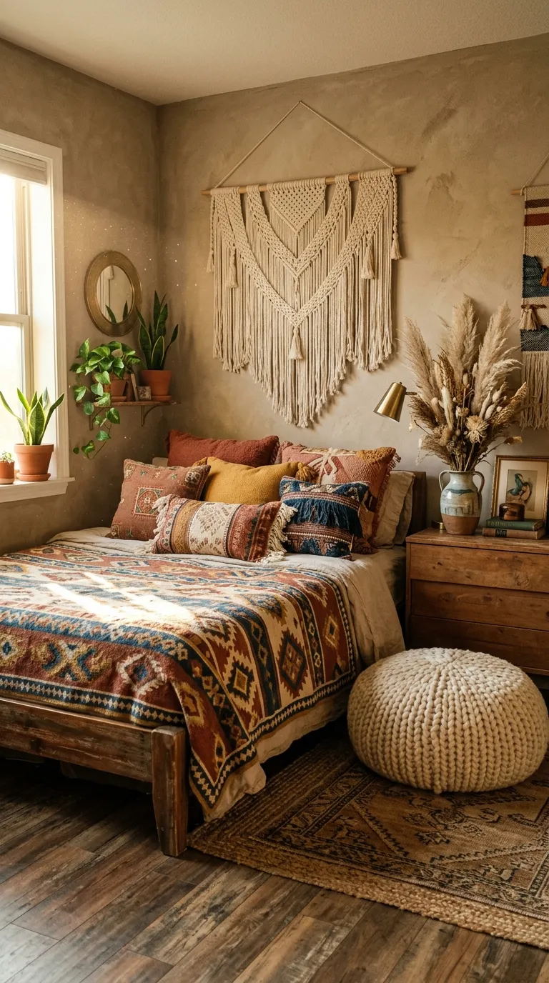 Editorial photograph of a bohemian maximalist bedroom corner featuring a macrame wall hanging above the bed, layered with a Moroccan-style patterned throw, a chunky wool pouf on the floor, and mismatched embroidered cushions in terracotta and mustard tones. Dried pampas grass sits in a ceramic vase on a low wooden dresser nearby. Warm golden hour light streams in, dust particles visible in the light beam, cozy textured atmosphere, no people, no text overlays.