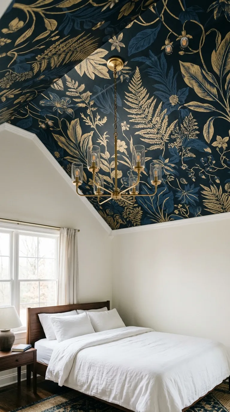 Editorial photograph shot looking upward and outward at a bedroom where the ceiling is papered in a bold botanical print in deep navy and gold, creating an unexpected fifth-wall focal point. The bed below is dressed simply in white linen to let the ceiling stand out. A brass chandelier hangs at the center of the patterned ceiling. Soft daylight bounces off the walls, dramatic upward angle composition, no people, no text.