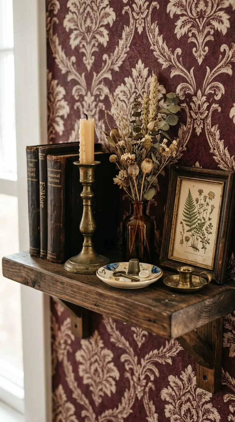 Editorial close-up photograph of a floating wooden shelf styled with an intentional clutter of small vintage objects: a brass candlestick, a stack of leather books, a small trinket dish, dried botanical stems in a bud vase, and a miniature framed print, all set against a richly patterned wallpaper background in deep burgundy and cream. Warm side lighting creates soft shadows highlighting each object's texture, shallow depth of field, no people, no text overlays.