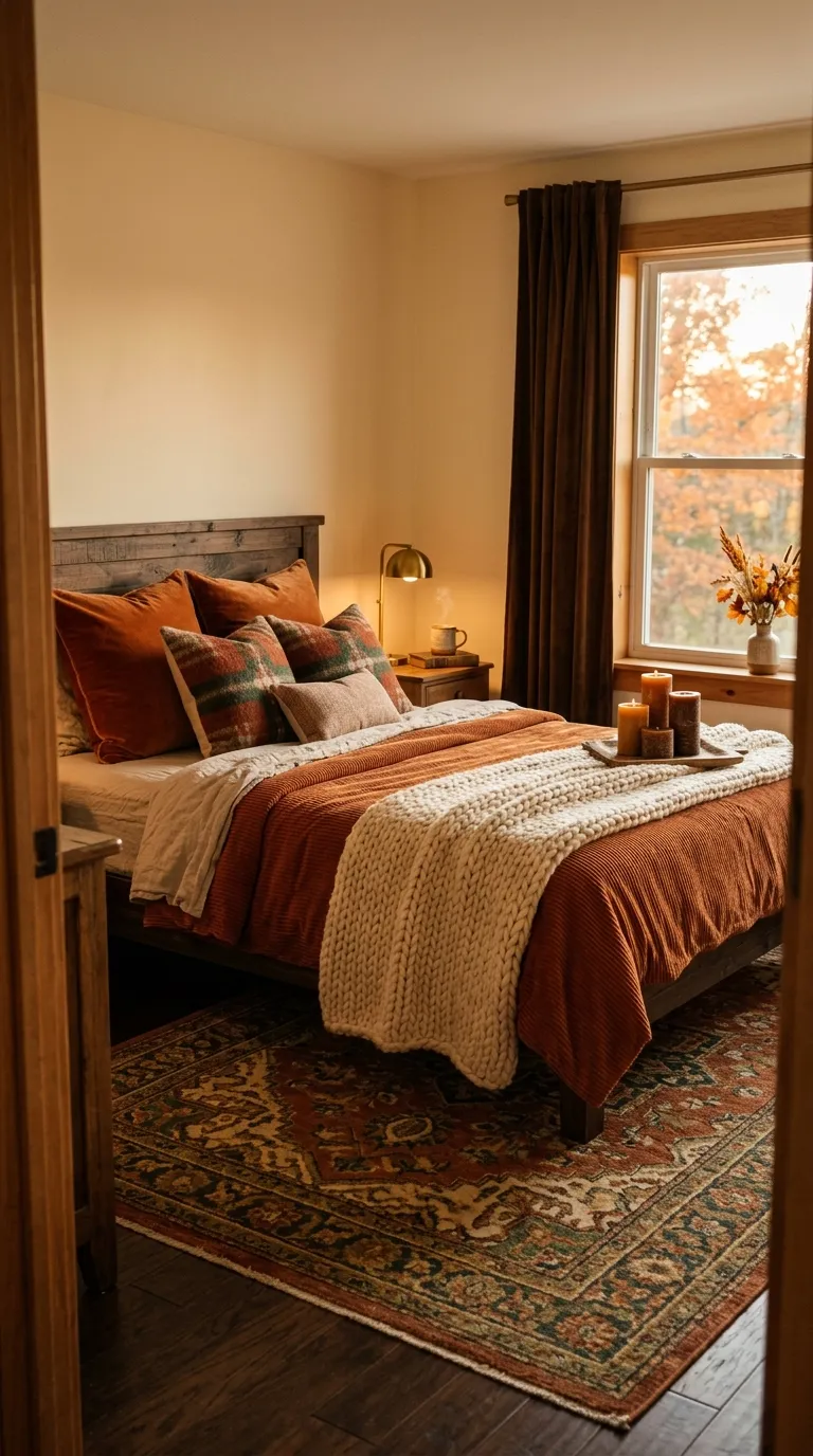 Editorial photograph of a bedroom styled for autumn with a burnt-orange corduroy bedspread layered under a chunky cream knit throw, deep brown velvet curtains framing the window, and a patterned wool rug in rust and forest green tones on the floor. A small stack of firewood-toned pillar candles sits on the windowsill. Soft late-afternoon light with warm amber tones, cozy inviting atmosphere, shot at a slight angle from the doorway, no people, no text.