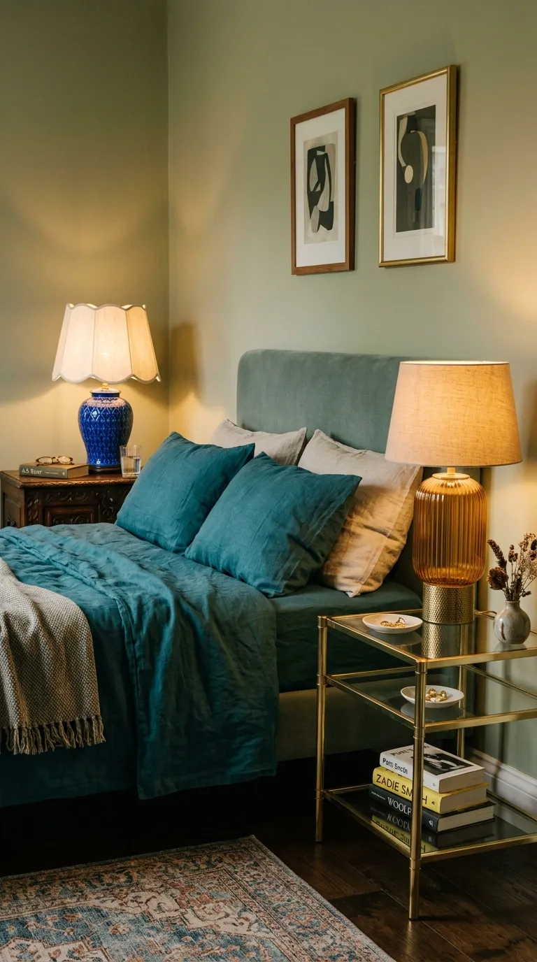 Editorial photograph of a bedroom scene showing two intentionally mismatched nightstands flanking a bed — one a vintage carved wood chest, the other a modern brass-and-glass side table — each topped with a different statement lamp: one ceramic with a scalloped shade in cobalt blue, the other a fluted glass lamp in amber tones. The bed between them is dressed in solid deep teal linen to balance the eclectic mix. Warm evening lighting from both lamps creates a layered glow, shot straight-on at bed height, no people, no text overlays.