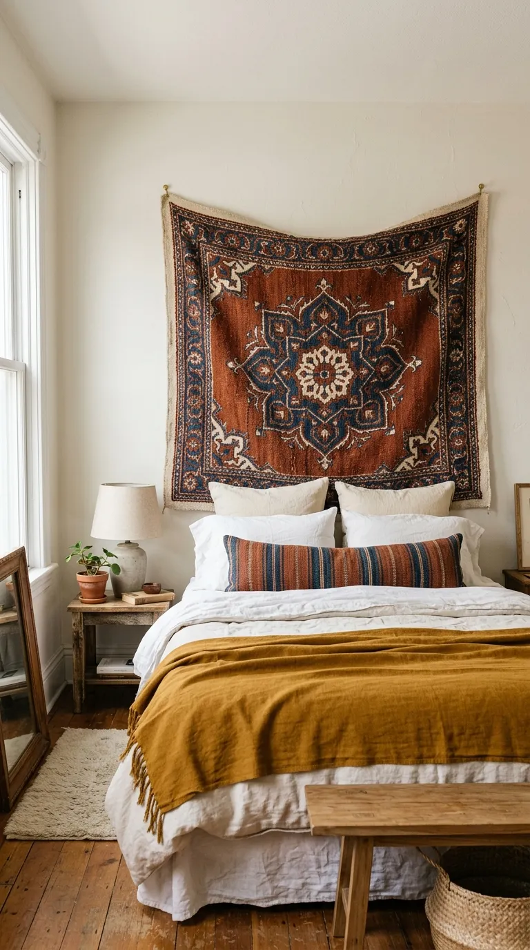 Editorial photograph of a bedroom where a large woven tapestry featuring a bold medallion pattern in rust, indigo, and cream hangs directly behind the bed in place of a traditional headboard, pinned loosely at the top corners for a relaxed drape. The bedding below mixes a solid mustard throw with a single striped bolster pillow. Soft natural window light from the side, textile fibers clearly visible in the weave, shot at eye level, no people, no text.
