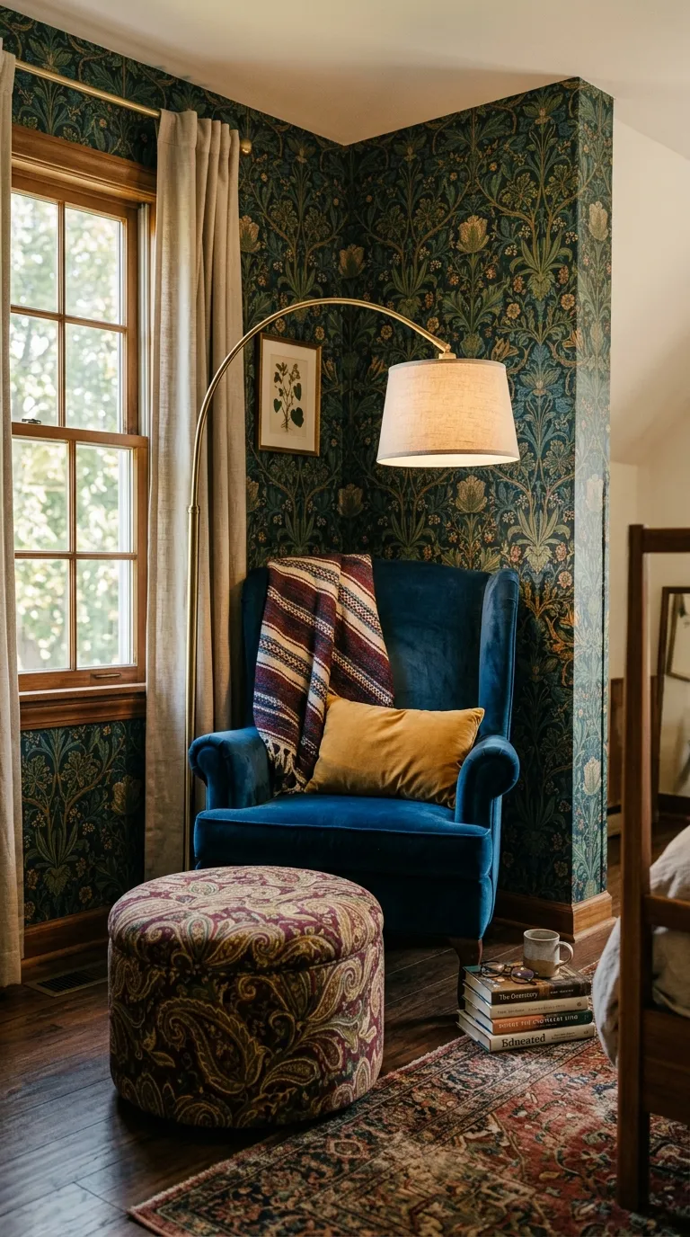 Editorial photograph of a small reading nook tucked into a bedroom corner, featuring a deep sapphire velvet wingback chair paired with a patterned ottoman in a clashing paisley print of burgundy and gold. A brass arc floor lamp curves over the chair, and a small stack of books sits on the floor beside it. Richly patterned wallpaper in a botanical print serves as the backdrop. Warm afternoon light filters through a nearby window, cozy intimate framing, shot at a three-quarter angle, no people, no text overlays.