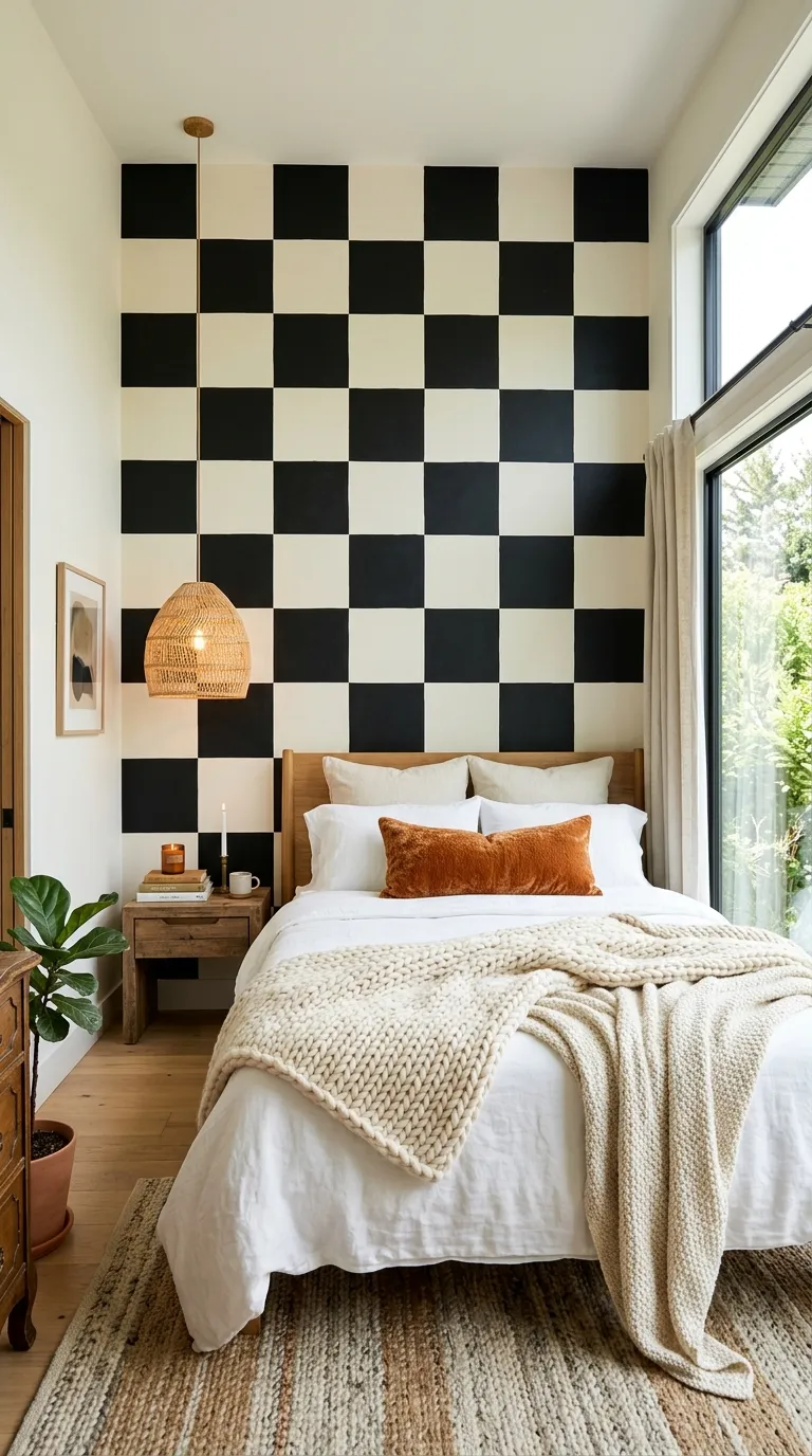 Wide-angle editorial photograph of a bedroom featuring an oversized black and cream checkerboard painted accent wall behind the headboard. The bed is styled with chunky knit throws in cream and a single burnt-orange lumbar pillow for contrast. A curved rattan pendant light hangs above a nightstand cluttered with candles and a small stack of books. Bright, airy daylight from a large window, crisp architectural photography style, no people, no text.