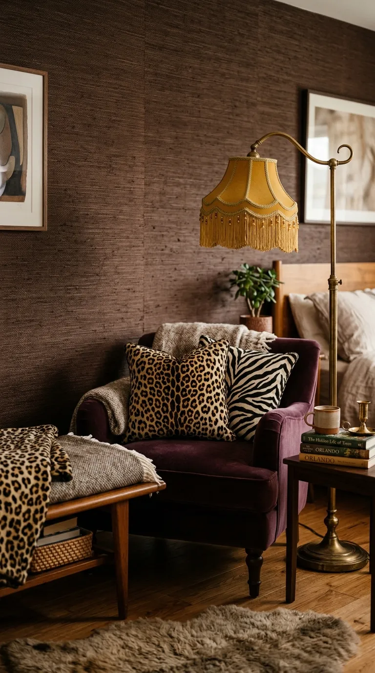 Editorial close-up interior shot of a bedroom bench and reading chair styled with a mix of leopard print and zebra print cushions on a solid deep plum velvet chair, set against a richly textured grasscloth wallpaper wall in chocolate brown. A brass floor lamp with a fringed shade stands beside the chair. Warm tungsten lighting creates a cozy, intimate mood, shallow depth of field with soft bokeh in the background, no people, no text overlays.