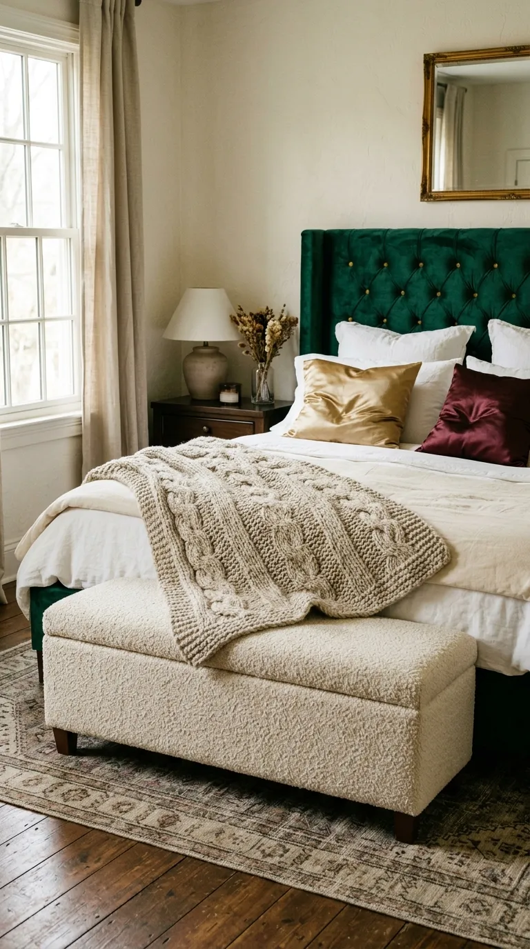 Editorial photograph of a tufted emerald green velvet headboard paired with a cream boucle upholstered bench at the foot of the bed, creating a rich tactile contrast. The bedding layers include a chunky cable-knit throw and mismatched silk-finish pillowcases in gold and burgundy. Soft directional window light highlights the texture of the velvet and boucle fibers, warm color grade, shot at a slight low angle for depth, no people, no text.
