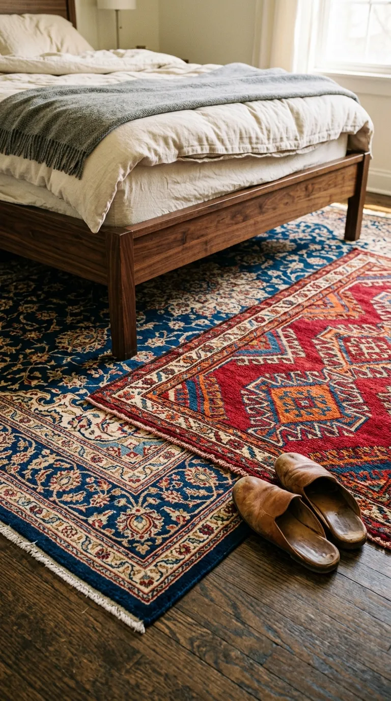 Editorial photograph shot from a low angle showing a bedroom floor styled with two layered rugs: a large sapphire blue Persian-style rug underneath a smaller ruby red geometric rug, positioned at the foot of a walnut wood bed frame. A pair of worn leather slippers sits at the edge of the rug. Warm morning light streams across the floor, emphasizing the texture and pile of both rugs, shot at a 45-degree angle for depth, no people, no text.