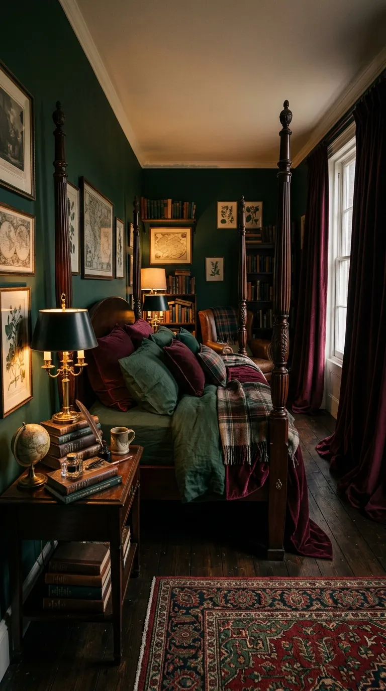 Editorial interior photograph of a dark academia styled bedroom with deep hunter green walls, a mahogany four-poster bed frame, and burgundy velvet curtains pooling slightly on the floor. A brass library lamp sits on a cluttered nightstand stacked with leather-bound books and a small globe. Low warm lighting creates dramatic shadows, moody cinematic color grade, shot at eye level with a slightly wide lens, no people, no text overlays.