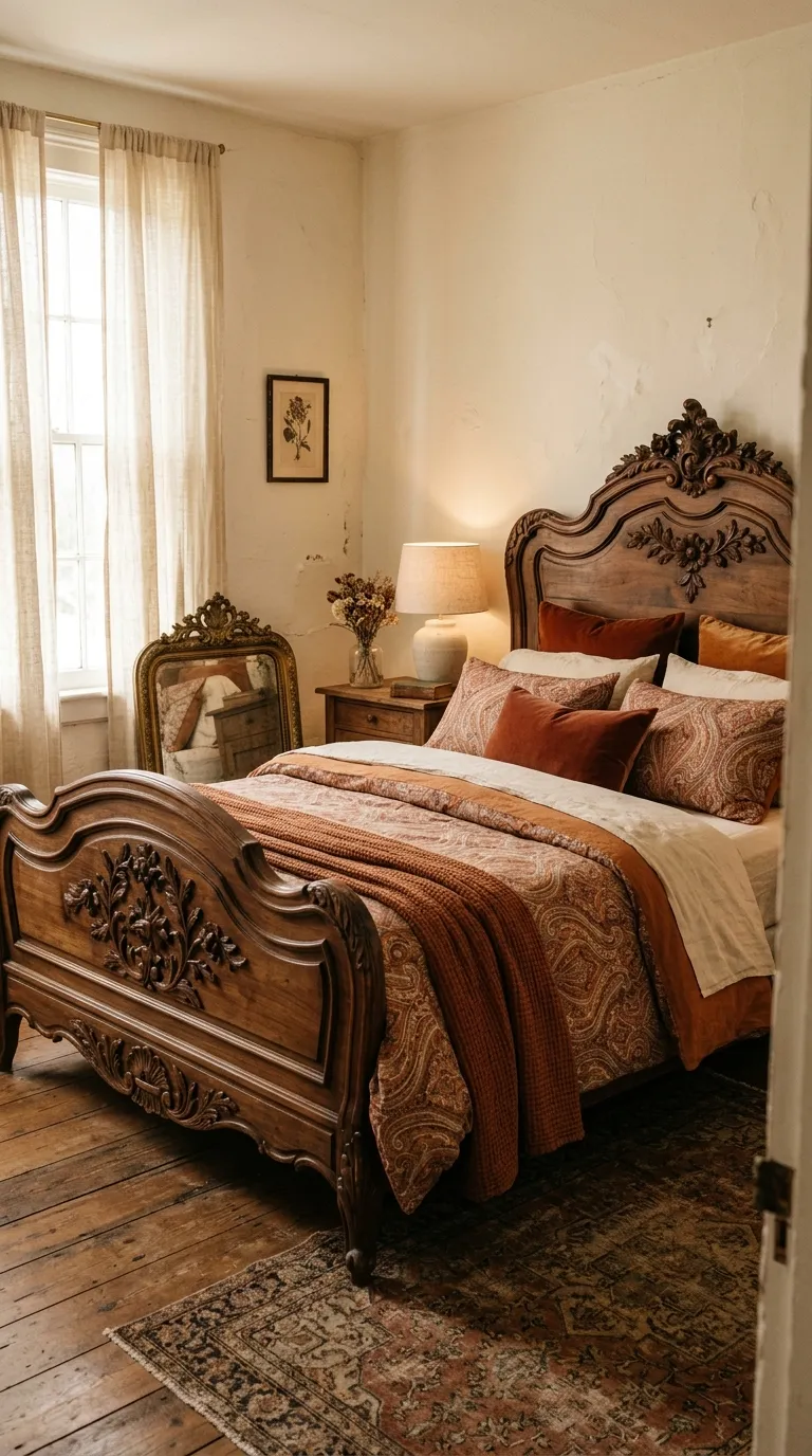 Editorial photograph of an ornately carved antique wood bed frame with intricate floral detailing, stained a rich walnut tone, dressed in a mix of paisley and solid linen bedding in rust and cream tones. A vintage brass mirror leans against the wall beside the bed. Soft window light filters through sheer curtains, creating a warm nostalgic glow, shot on a slight diagonal for visual interest, no people, no text.