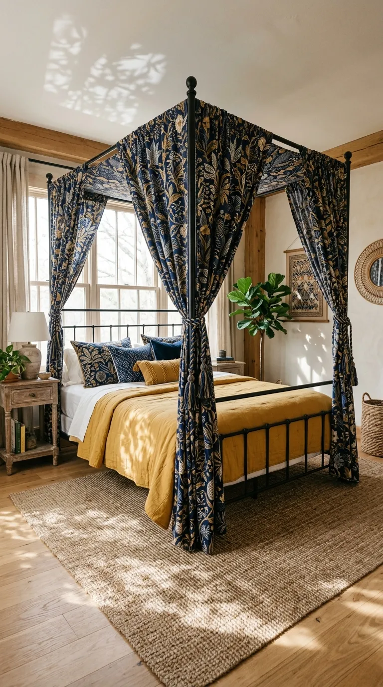 Editorial wide shot of a black iron canopy bed frame draped with a bold botanical print fabric in indigo and gold, tied back at each post with tasseled cord. The bedding beneath mixes a solid mustard quilt with patterned throw pillows. A woven jute rug grounds the space below. Natural daylight filters through the canopy fabric creating soft dappled shadows, shot from the foot of the bed, no people, no text overlays.