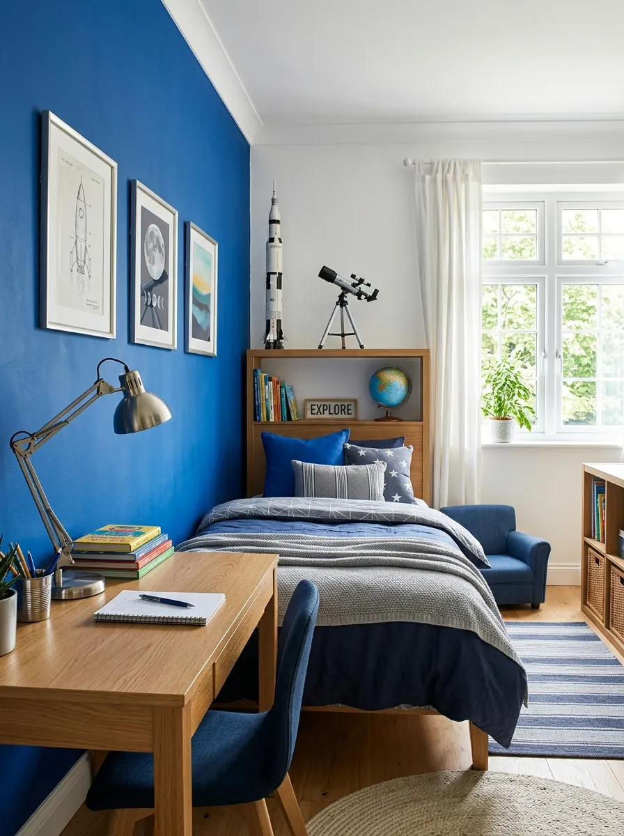 A real-life photograph of a boys bedroom with cobalt blue accent wall, silver metallic desk lamp and picture frames, neatly made bed with blue and grey bedding, small telescope and model rocket displayed on shelf, bright natural light through window, beautifully arranged, organized, clean, vibrant cobalt blue tones, candid lifestyle photography, no people, Pinterest aesthetic.