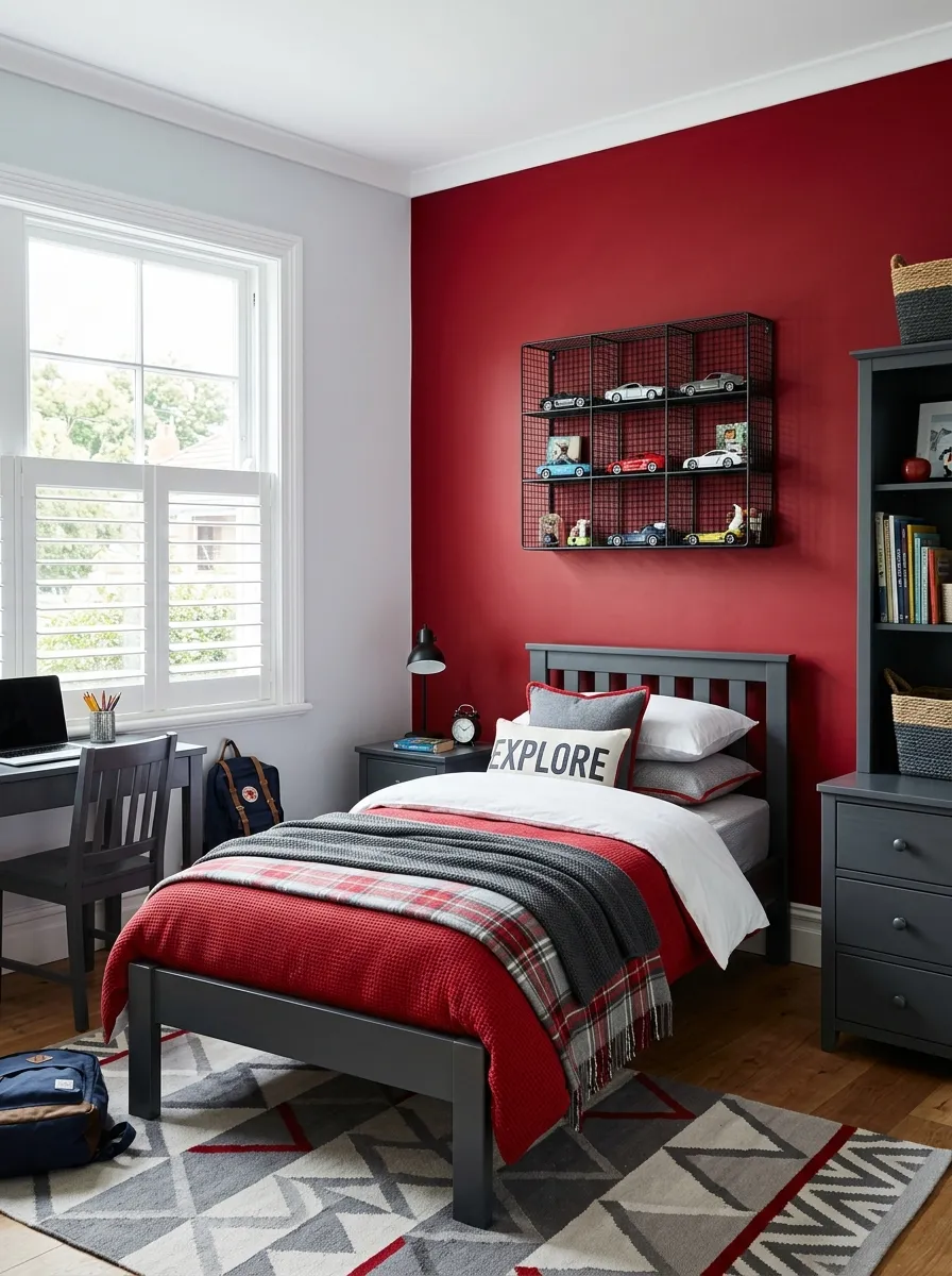 A real-life photograph of a bold boys bedroom with deep red accent wall, charcoal grey furniture, neatly made bed with red and grey bedding, black metal wall shelf displaying organized model cars, bright natural light through window, beautifully arranged, organized, clean, vibrant red tones, candid lifestyle photography, no people, Pinterest aesthetic.