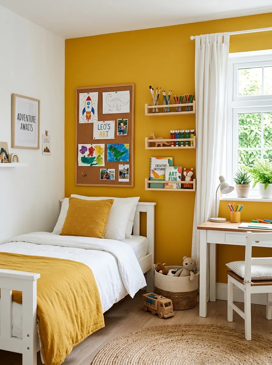 A real-life photograph of a bright boys bedroom with mustard yellow accent wall and crisp white furniture, neatly made white bedding with yellow throw pillow, cork board displaying organized kids artwork, open wooden shelves with neatly arranged art supplies, bright natural light through window, beautifully arranged, clean, vibrant yellow tones, candid lifestyle photography, no people, Pinterest aesthetic.