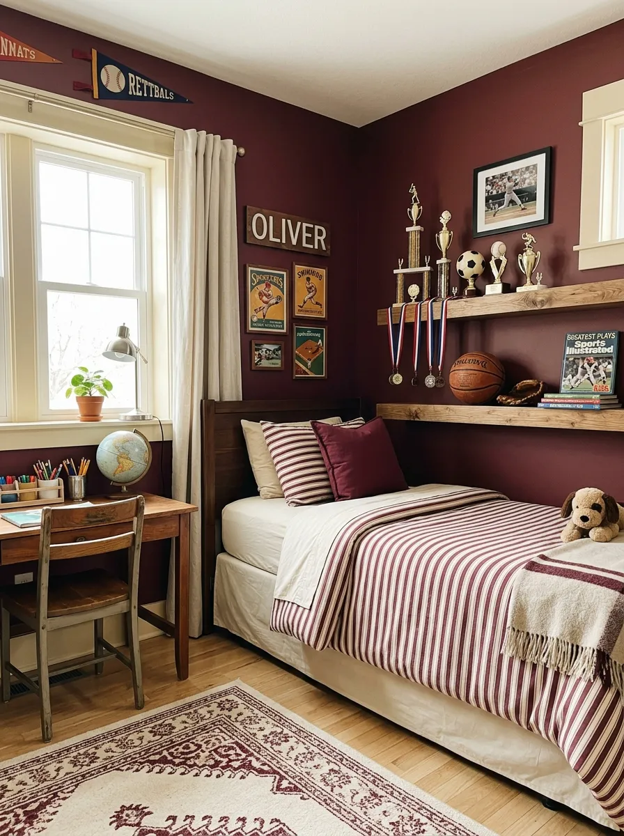 A real-life photograph of a boys bedroom with vintage maroon accent wall and cream trim, neatly made bed with maroon and cream striped bedding, wooden shelf displaying organized sports trophies and a basketball, bright natural light through window, beautifully arranged, organized, clean, vibrant maroon tones, candid lifestyle photography, no people, Pinterest aesthetic.