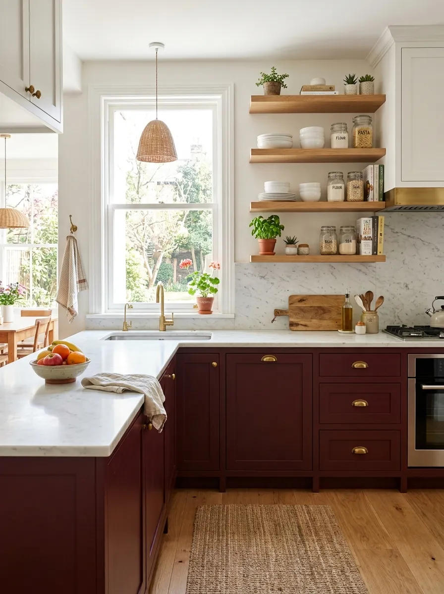 A bright, real-life kitchen with burgundy lower cabinets and white upper cabinets, neatly made countertops with a small bowl of fruit, brass cabinet handles, beautifully arranged open shelving, clean marble backsplash, bright natural light streaming through a window, organized and cozy, vibrant colors, shot in stock photography style.