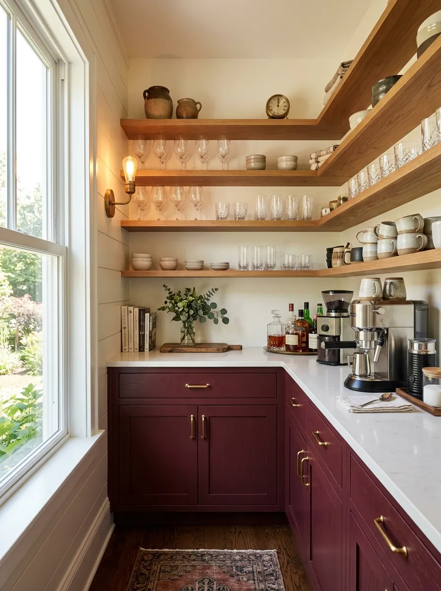 Real-life butler's pantry with burgundy cabinets, neatly made open shelving with glassware, beautifully arranged coffee station, organized small counter, warm brass sconce lighting mixed with bright natural light, clean and inviting, vibrant tones, stock photography style.