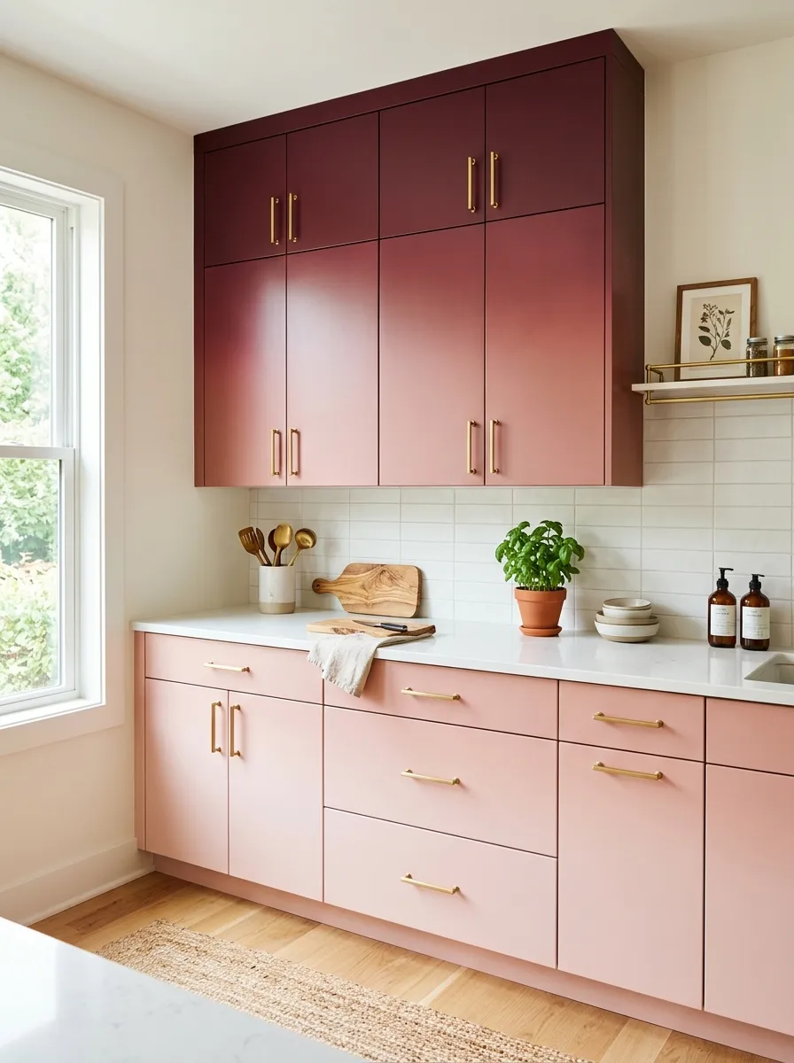 Real-life kitchen feature wall with ombre burgundy cabinets fading from deep wine to soft blush, neatly made countertop, beautifully arranged brass hardware, organized minimal decor, bright natural light showing the gradient, clean lines, vibrant tones, stock photography style.