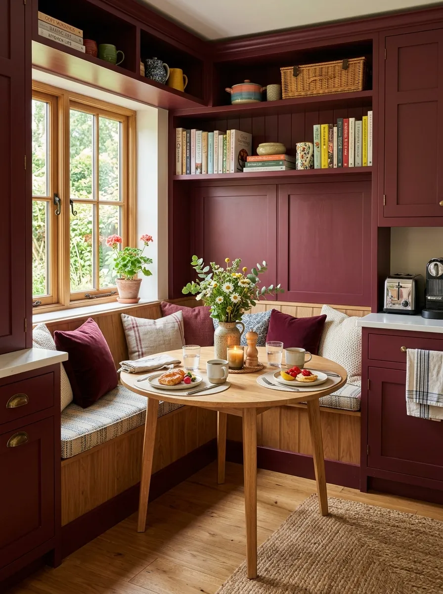 Real-life kitchen breakfast nook framed by burgundy cabinets, neatly made round wooden table, beautifully arranged cushioned bench seating, organized small centerpiece, bright natural light through a nearby window, clean cozy atmosphere, vibrant tones, stock photography style.