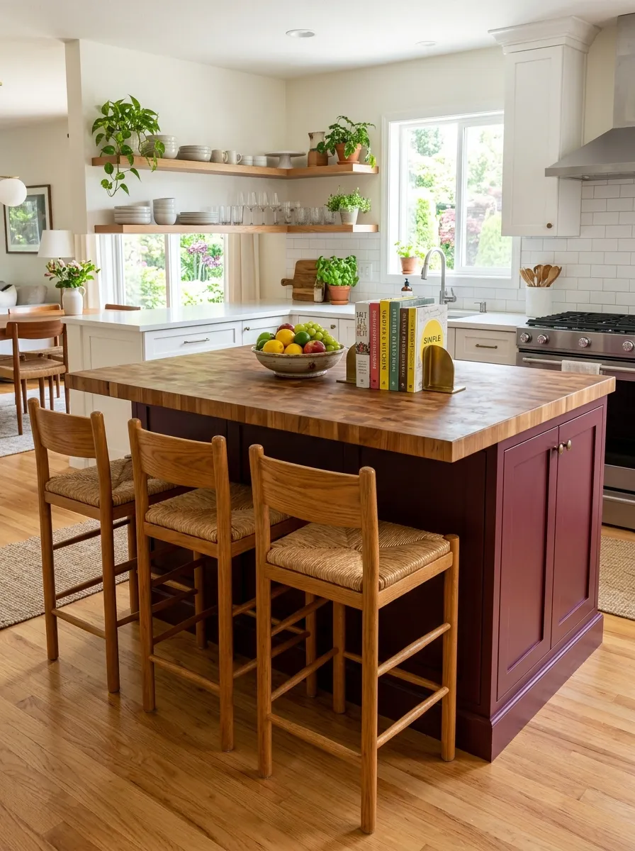 A real-life open-concept kitchen with a burgundy painted island, neatly made butcher block countertop, beautifully arranged bar stools in warm wood tone, white surrounding cabinets, organized fruit bowl and cookbooks on the island, bright natural light, clean and vibrant, stock photography style.