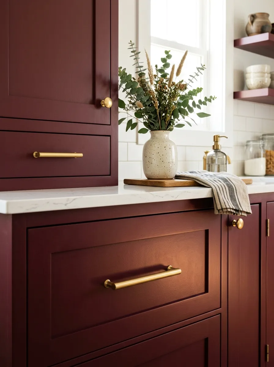Close-up real-life photo of burgundy kitchen cabinets with warm brass bar pulls and knobs, neatly made drawer fronts, organized countertop with a ceramic vase, beautifully arranged, clean lines, bright natural light highlighting the metallic hardware, vibrant tones, stock photography style.