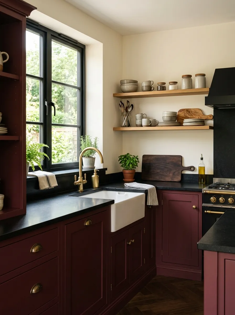 Real-life dramatic kitchen with burgundy cabinets and black countertops, neatly made surfaces, beautifully arranged brass fixtures, organized open shelf with ceramics, tall window letting in bright natural light, clean lines, vibrant deep tones, stock photography style.