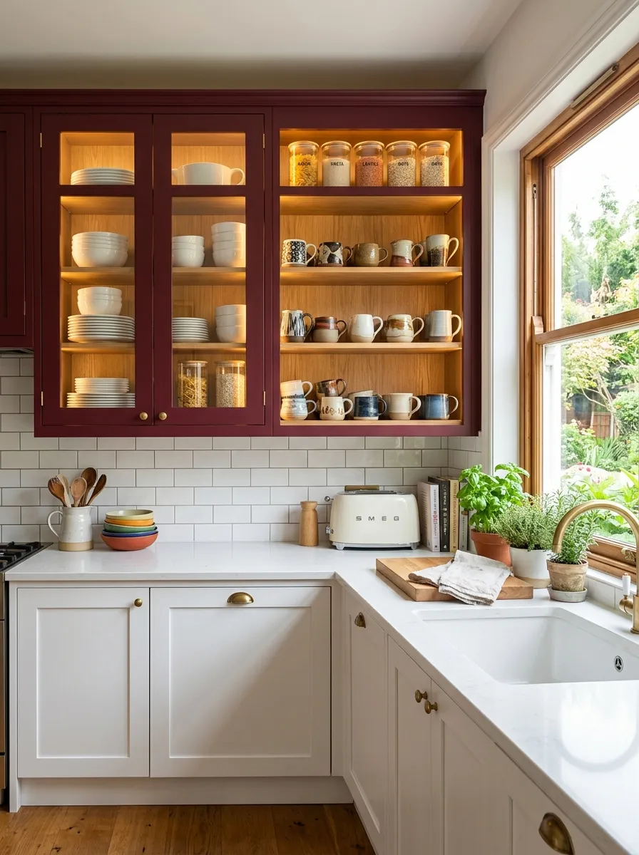 Real-life kitchen with burgundy glass-front cabinets displaying white dishware and glass jars, neatly made interior shelves, beautifully arranged ceramic mugs, small warm interior lighting, bright natural light from a nearby window, organized and clean, vibrant tones, stock photography style.