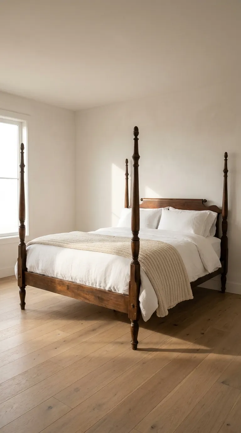 Editorial interior photograph of a carved dark walnut antique four-poster bed frame with turned posts and subtle patina, dressed in crisp white modern linen bedding, a single ribbed cream bouclé throw folded at the foot. The surrounding room is minimalist with plaster-white walls, a wide-plank white oak floor, and one large uncurtained window casting soft directional morning light. No other furniture crowds the frame; negative space emphasizes the contrast between the ornate wood posts and the clean, unadorned bedding. Shot on a 35mm lens, shallow depth of field, warm neutral color grade, natural shadows, no text or people.