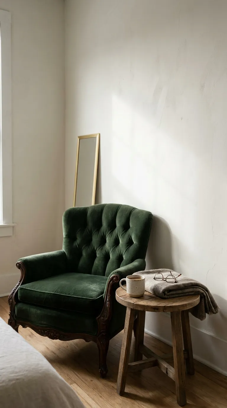Editorial photograph of a compact modern bedroom corner featuring a single antique tufted velvet accent chair in deep forest green with carved wooden legs, positioned beside a small round wood side table holding a ceramic mug and folded reading glasses. The wall behind is a soft muted white, with a narrow modern floor mirror leaning nearby. Natural light streams in from an unseen window, casting soft shadows on the wall. The composition emphasizes how one antique piece can define a small nook without crowding the space, no people, no text overlays.