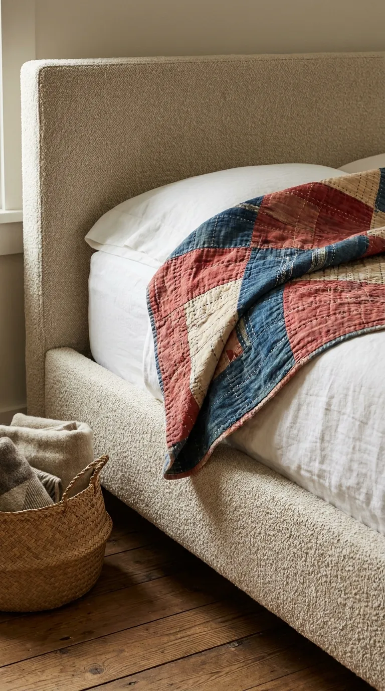 Editorial close-up photograph of a contemporary boxy upholstered bed frame in soft oatmeal boucle fabric, with a faded antique patchwork quilt in muted reds, blues, and creams folded diagonally across the foot of the bed over otherwise plain white modern linens. A small woven basket with folded throws sits on the floor beside the bed. Soft window light falls across the quilt's texture, highlighting its hand-stitched detailing against the clean, structured headboard. Shot at a slight downward angle, warm and tactile styling, no people, no text overlays.