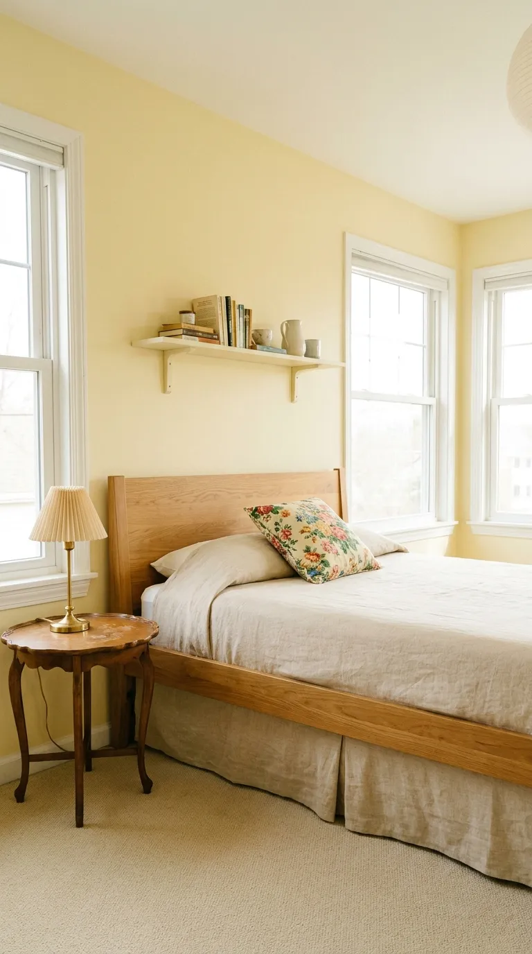 Editorial wide-shot photograph of a bedroom blending a clean-lined modern platform bed with grandmillennial accents: a vintage floral chintz throw pillow, a small antique brass table lamp with a pleated shade, and a scalloped-edge vintage side table, all set against soft butter-yellow painted walls. Modern elements include a simple linen bed skirt and minimalist floating shelf. Natural daylight fills the room evenly, balancing the traditional patterns with the room's otherwise streamlined furniture silhouettes. Bright, cheerful color grading, no people, no text overlays.
