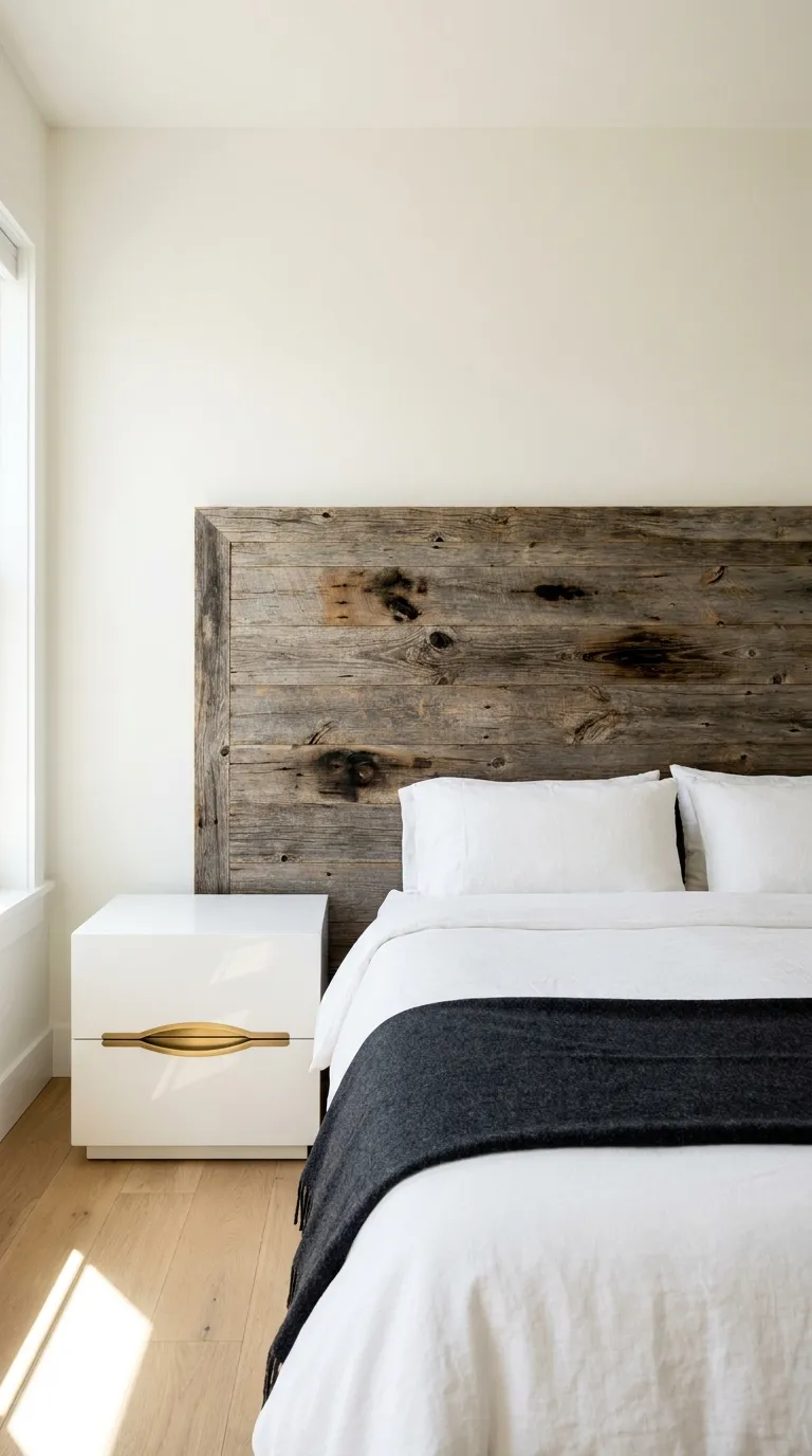 Editorial photograph of a rustic reclaimed barnwood headboard with visible grain, knots, and weathered gray-brown tones, paired with two sleek glossy white modern nightstands featuring integrated brass handles. Bedding is simple white linen with a single charcoal throw folded at the foot. The wall is a soft warm white, floor is light oak. Natural side lighting emphasizes the wood grain's texture against the smooth, reflective nightstand surfaces. Shot at eye level, balanced symmetrical composition, no people, no text overlays.