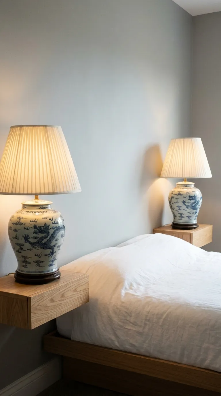 Editorial close-up photograph of two matching antique ginger-jar-style ceramic table lamps with cream pleated shades, displaying a subtle blue-and-white glaze pattern, placed atop simple floating light-oak nightstand shelves mounted on a soft gray wall. The modern platform bed below is dressed in plain white linen bedding. Warm lamp light glows softly against natural daylight from an unseen window, creating a layered, cozy contrast between old ceramic craftsmanship and clean modern lines. Shot straight-on, shallow depth of field, no people, no text overlays.