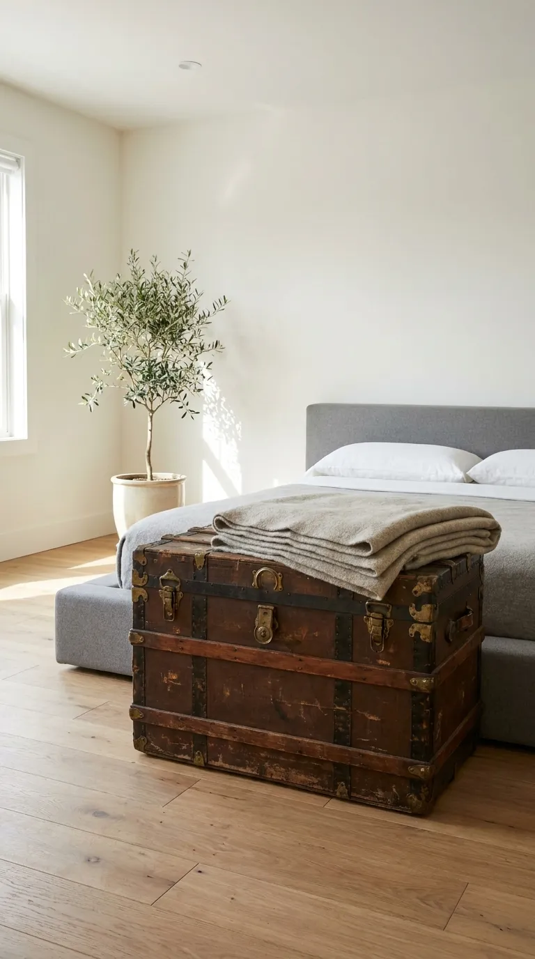 Editorial photograph of a weathered antique steamer trunk with aged leather straps and brass corner hardware, positioned at the foot of a sleek modern platform bed as a makeshift bench, topped with a single folded wool throw in soft oatmeal tone. The bedroom features warm white walls, light oak flooring, and minimal decor apart from a small potted olive branch in the corner. Natural daylight highlights the trunk's worn texture against the room's clean, uncluttered lines. Shot at a slight angle, warm neutral tones, no people, no text overlays.