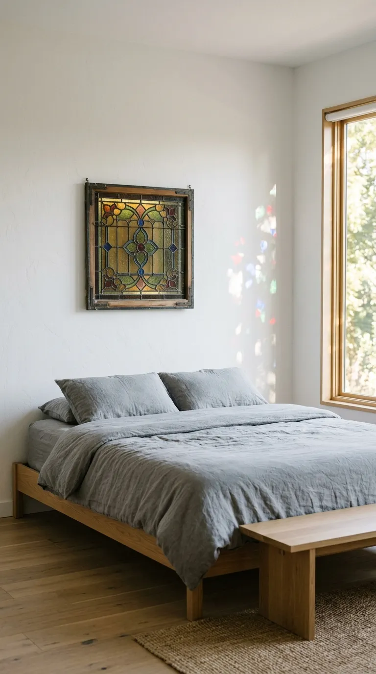 Editorial photograph of a small antique stained glass window panel in muted jewel tones mounted decoratively on a plain white wall above a minimalist modern bed with simple gray linen bedding. Soft daylight filters through an actual nearby window, casting subtle colored light fragments onto the wall beside the stained glass piece. The rest of the room stays deliberately spare, with a single low modern bench at the foot of the bed. Shot with soft natural lighting, warm and airy tone, no people, no text overlays.