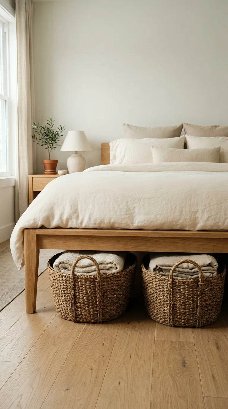 Editorial photograph focused on a low modern platform bed frame with visible under-bed clearance, where two large antique woven seagrass baskets are tucked neatly beneath for storage, holding folded linen throws visible at the top. The bedroom features light oak flooring, soft white walls, and simple bedding in warm ivory tones. Natural light from the side highlights the baskets' woven texture against the bed's clean modern silhouette. Shot at a low angle to emphasize the storage solution, practical yet elevated styling, no people, no text overlays.