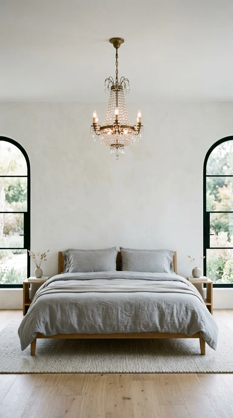 Editorial wide-shot photograph of a small ornate antique crystal chandelier with aged brass detailing hanging centered above a streamlined modern low-profile bed dressed in soft dove-gray linen bedding. The room features minimalist white plaster walls, light wood flooring, and no additional wall decor, allowing the chandelier to serve as the sole dramatic focal point. Soft daylight mixes with a warm ambient glow from the chandelier's bulbs, creating gentle sparkle reflections. Symmetrical composition, elegant and restrained styling, no people, no text overlays.