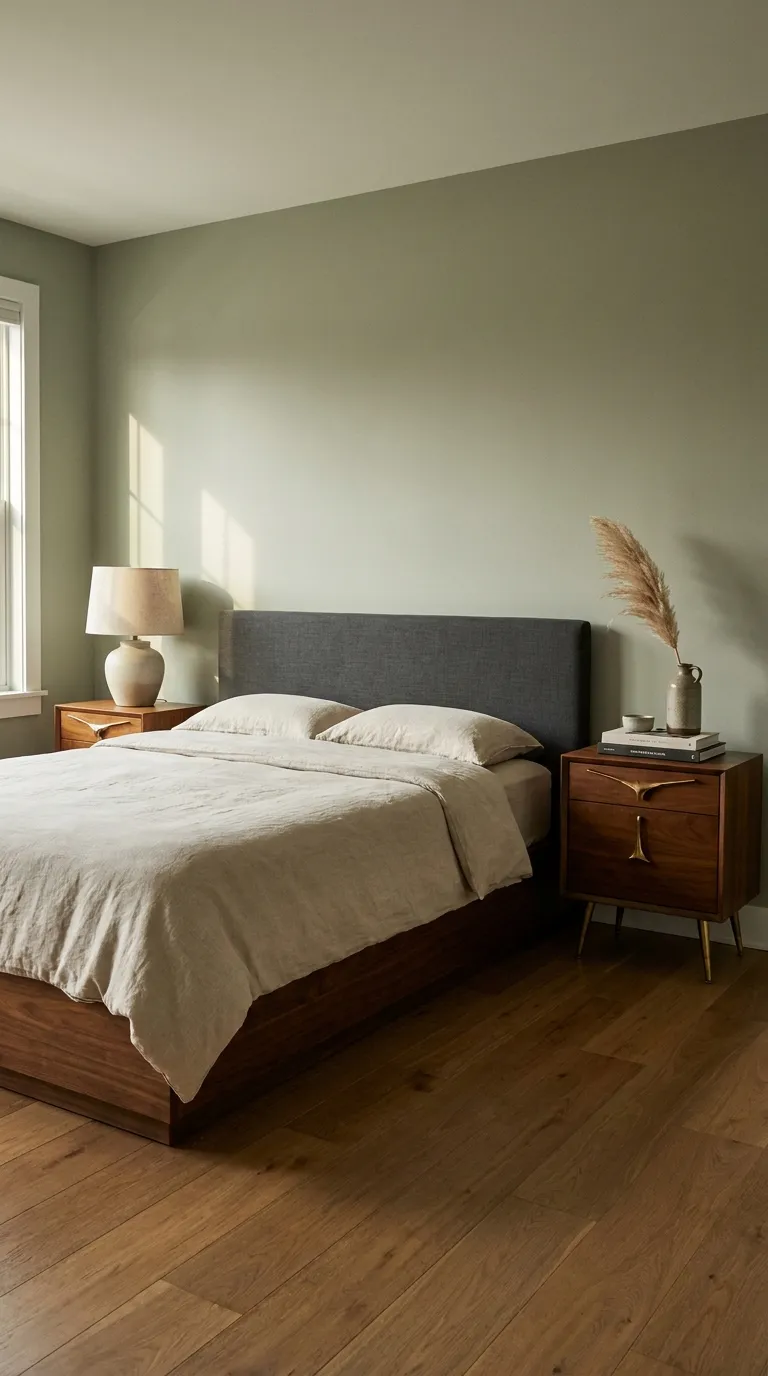 Editorial bedroom photograph featuring a low, minimalist walnut platform bed with a plain upholstered charcoal linen headboard, flanked symmetrically by two authentic mid-century modern nightstands with tapered brass legs and sculptural drawer pulls. A single ceramic table lamp with a linen drum shade sits on one nightstand; the other holds a small stack of hardcover books and a dried pampas grass sprig in a stoneware vase. Walls are a muted sage green, floor is warm oak. Soft late-afternoon light from the left, cinematic but realistic lighting, no text, no people, high-end interior design magazine quality.