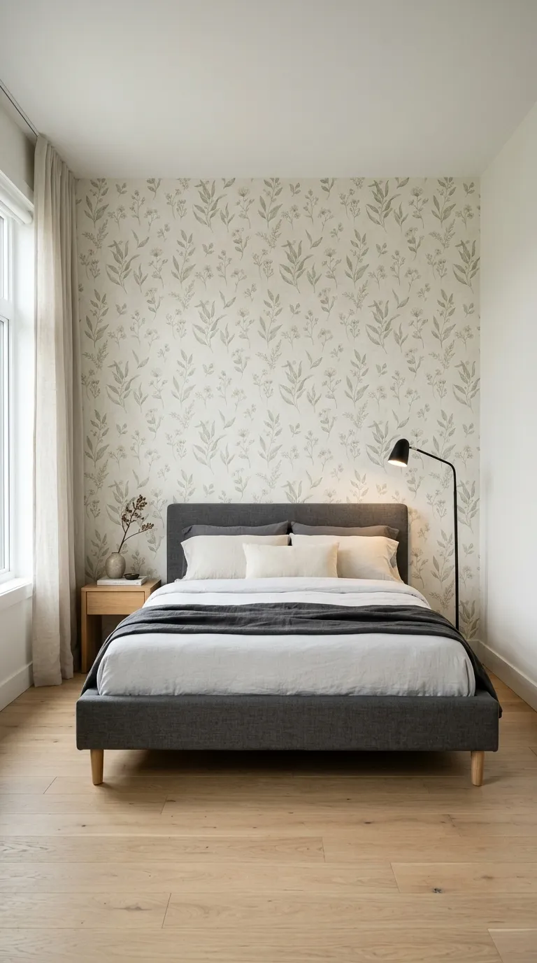  Editorial photograph of a bedroom accent wall featuring a subtle vintage-inspired botanical wallpaper pattern in muted sage and cream tones, paired with a completely modern low platform bed in plain charcoal linen and a sleek black metal reading lamp. The rest of the room stays minimal, with light oak flooring and no additional patterns competing with the wallpaper. Natural daylight softly illuminates the wallpaper's texture against the bed's clean, contemporary lines. Shot straight-on, balanced and airy composition, no people, no text overlays.