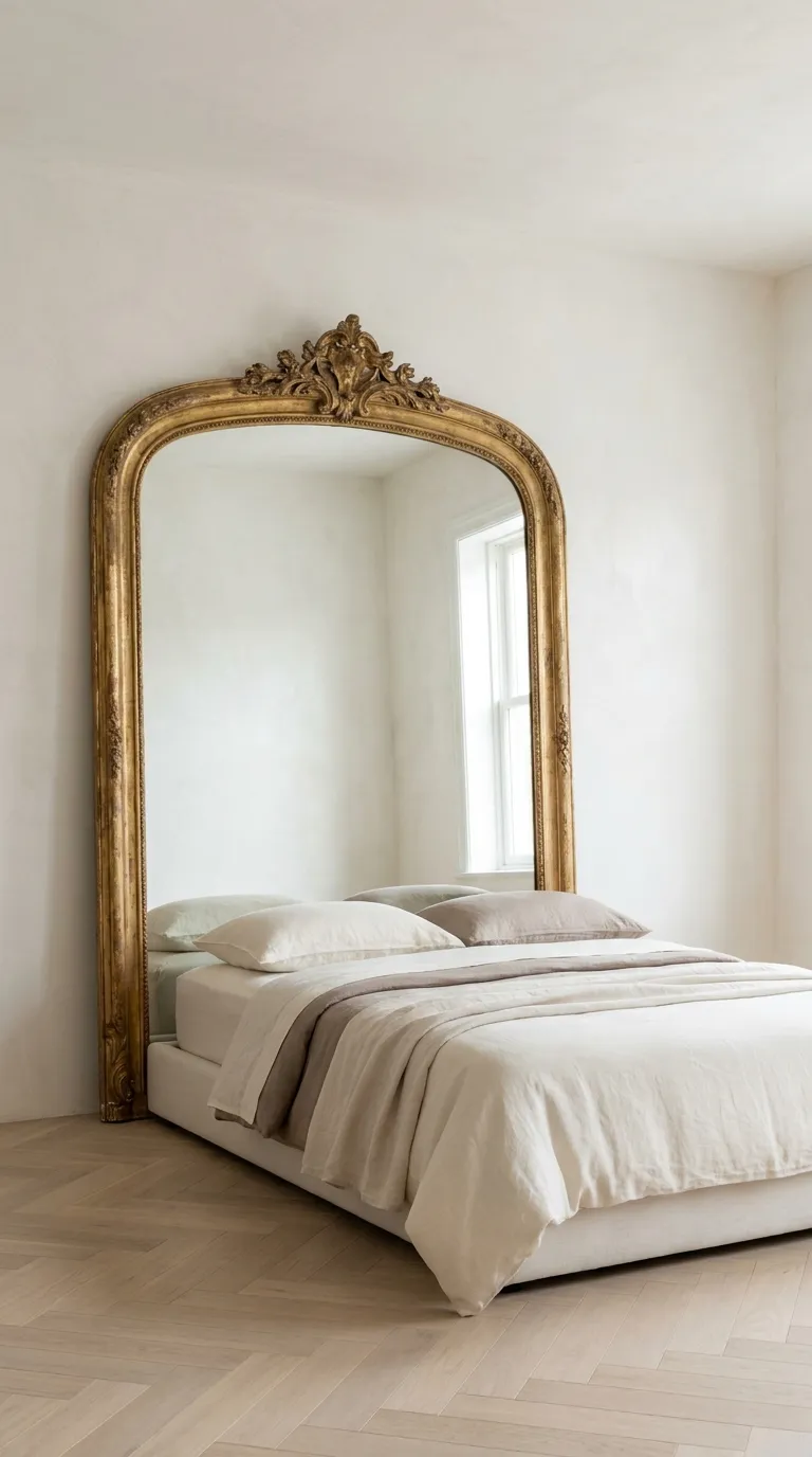 Wide editorial interior shot of an oversized antique gilt-framed arched mirror with ornate carved detailing and a weathered gold-leaf finish, leaned casually against the wall directly behind a low-profile modern platform bed with no headboard, dressed in layered ivory and taupe linens. The mirror partially reflects a soft-focus glimpse of the room's opposite window. Floor is a pale herringbone oak, walls are warm white plaster with visible texture. Natural diffused daylight, symmetrical composition, styled like a high-end design blog feature, no people, no visible text.